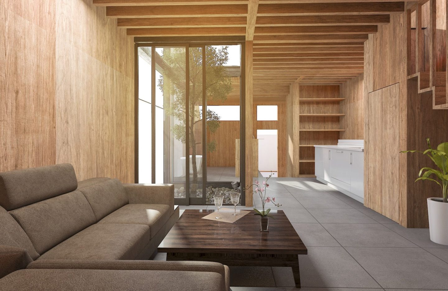 3d rendering japanese living room style house with wood decor e1666504606746
